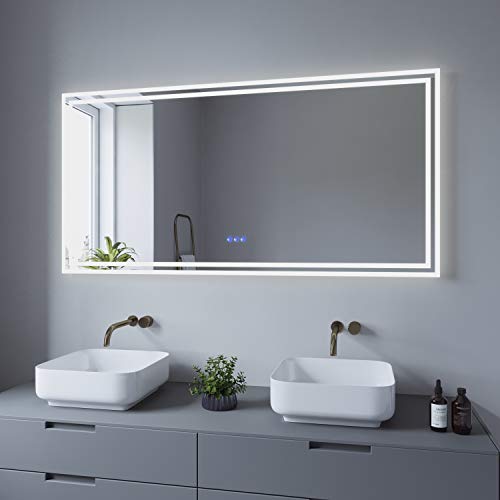 AQUABATOS 140x70 cm LED Badspiegel Wandspiegel Badezimmerspiegel mit Beleuchtung lichtspiegel Dimmbare Touch Schalter Farbtemperatur Kaltweiß 6400K Warmweiß 3000K Spiegelheizung antibeschlag IP44 CE