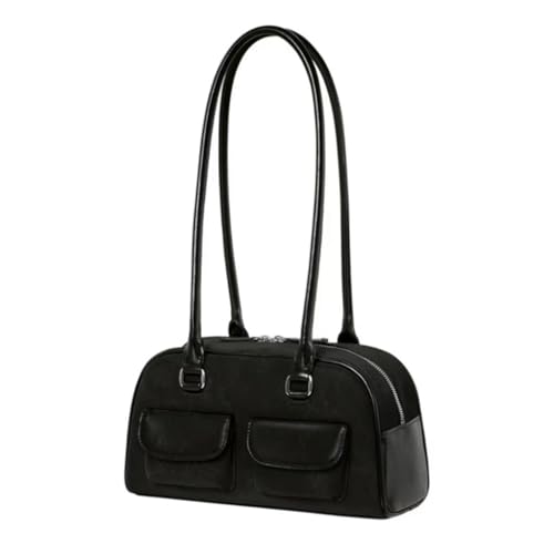 Qilmal Strapazierfähige Umhängetasche aus PU-Leder mit Unterarmtaschen, Vintage-Handtasche, ideal für Sportliebhaber, Schwarz