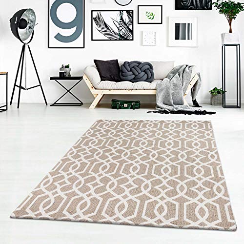 Teppich Baumwolle Kurzflor Taupe Creme - 150x230 cm - Scandi-Stil Geometrisch - Baumwollteppich - Esstisch Wohnzimmer Badezimmer Teppiche - Flachgewebe
