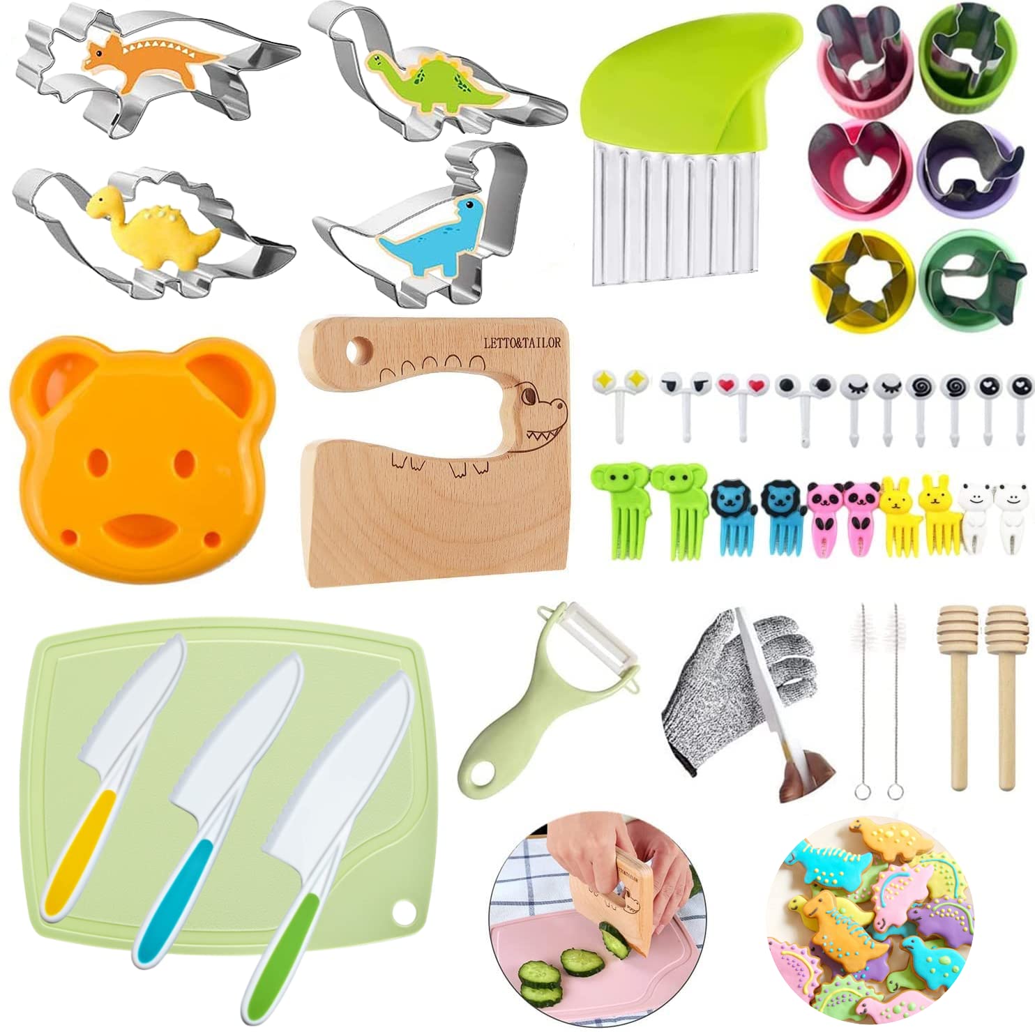 43-teiliges Kinder-Küchenmesser-Set mit Dinosaurier-Ausstechformen und kinderfreundlichen Messern zum Schneiden von Kuchen, Keksen, Obst, Sandwiches und Gemüse