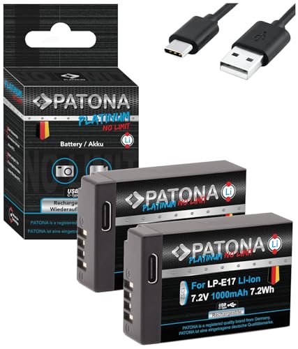 PATONA 2X Platinum LP-E17 USB Akku (1000 mAh) mit direkt USB Eingang - Kompatibel mit Canon EOS RP R10 77D 200D 250D 750D 760D 800D
