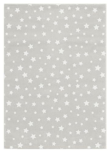 Fisura Grauer Teppich mit weißen Sternen, rechteckiger Teppich 80 x 120 cm, Kinderteppich mit Druck, Teppich aus Polypropylen, 80 x 120 cm.