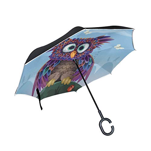 ISAOA Großer umgekehrter Regenschirm, doppelschichtig, Winddicht, UV-Schutz, Regenschirm, für Auto, Regen, Outdoor, C-förmiger Griff, selbststehender Eulen-Vektorschirm