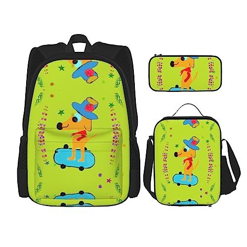 Cartoon Dog Doing Sports Prints Rucksack 3-teilig Schultasche mit Lunchbox und Federmäppchen Set - Geeignet für Jungen und Mädchen, Schwarz , Einheitsgröße, Kinderrucksack