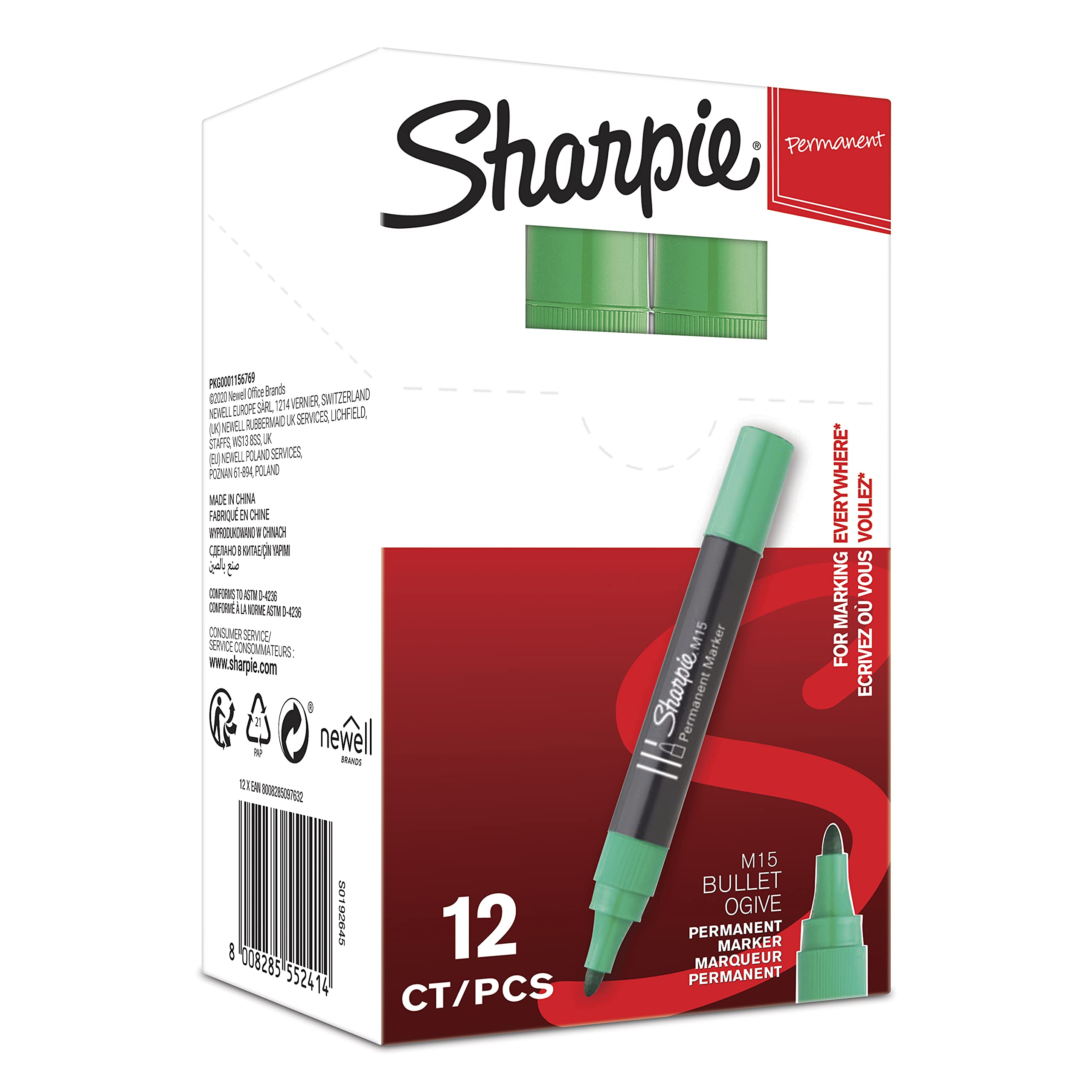 Sharpie S0192645 M15 Permanent Marker, Patronenspitze, 12er-Box, grün