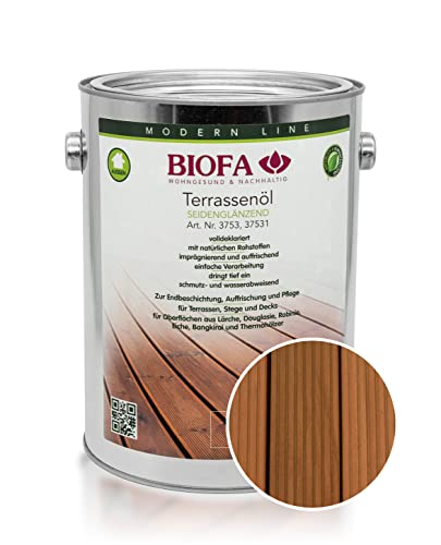 BIOFA Terrassenöl farbig 37531 Pflegeöl für Holzterrassen und Terrassen-Dielen aus Holz – Öl aus natürlichen Rohstoffen - Außenbereich (2,5L, Thermoholz)