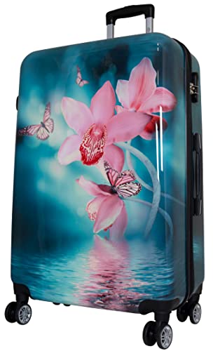 Trendyshop365 Hardcase Reisekoffer - Blumen-Motiv Orchidee - 77 Zentimeter 94 Liter 4 Räder Zahlenschloss bunt