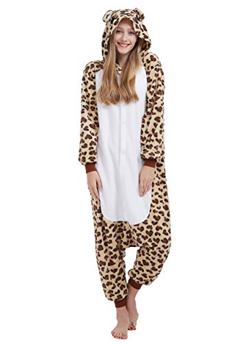 ULEEMARK Jumpsuit Onesie Tier Karton Fasching Halloween Kostüm Sleepsuit Cosplay Overall Pyjama Schlafanzug Erwachsene Unisex Lounge Kigurumi Leopard Bär for Höhe 140-187CM