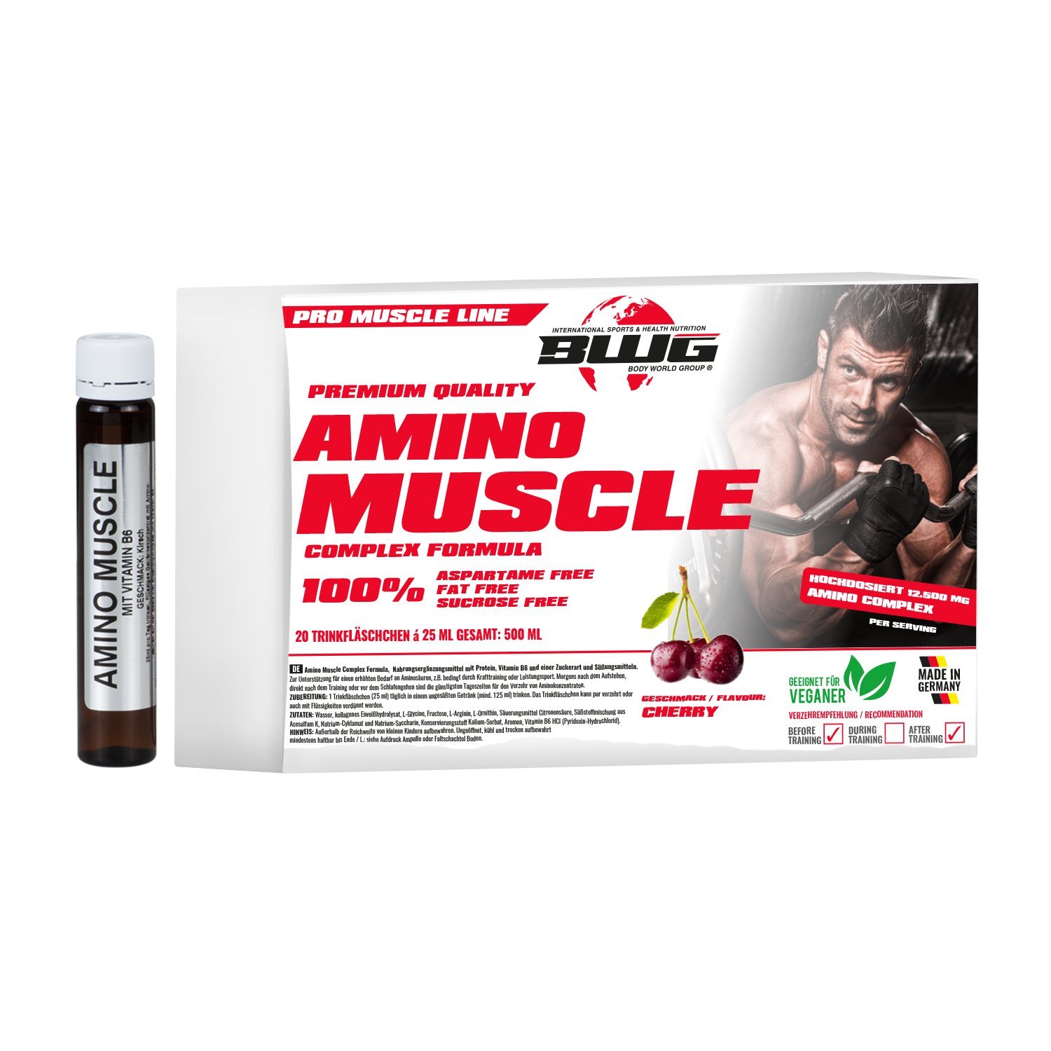 BWG Amino Muscle Complex Formula, Amino-Liquid Ampullen mit Vitamin B6 optimiert, Kirsche, Muscle Line, 20 x 25ml Ampullen, 1er Pack (1 x 500ml Faltschachtel)