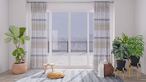 Homing halbtransparenter Vorhang weiß beige Natur | quergestreift modern Natur weiß Streifen | Wohnzimmer Kinderzimmer Schlafzimmer (1Stück) 245 x 140 cm (HxB)