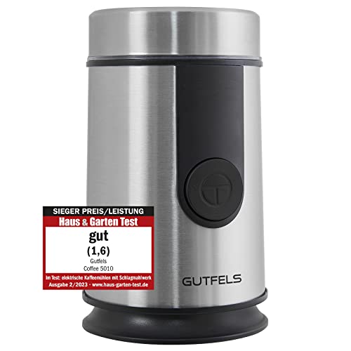 GUTFELS Kaffeemühle COFFEE 5010 | 50 g Kapazität | Edelstahl Gehäuse und Klingen | Kabelaufwicklung | Sichtfenster im Deckel | SAFE-CLOSE