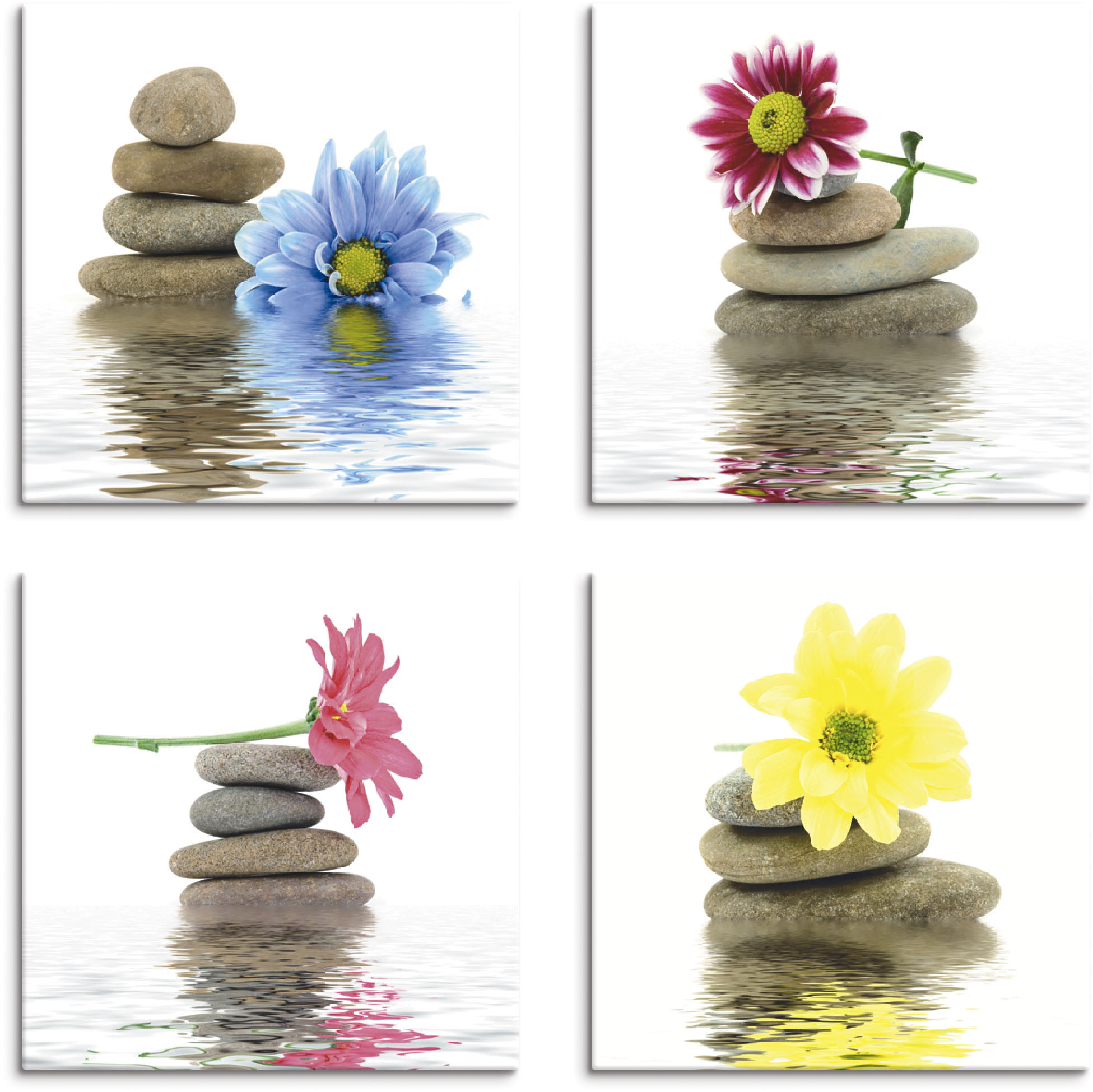 Artland Leinwandbild "Zen Therapie-Steine mit Blumen", Zen, (4 St.)