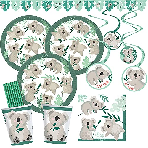spielum 42-teiliges Party Set Koala - Teller Becher Servietten Girlande Hängedeko Papiertrinkhalme für 8 Kinder