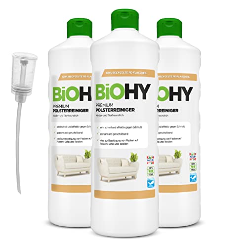 BiOHY Premium Polsterreiniger (3 x 1 Liter) + Dosierer | Bio Konzentrat für Polstermöbel, Sofas, Teppiche & Textilien | für Nasssauger & andere Geräte geeignet| geruchslösender Fleckentferner