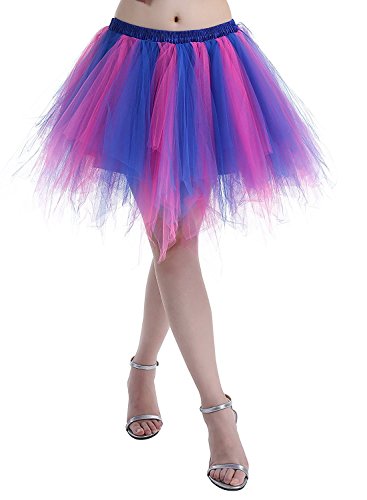 Karneval Erwachsene Damen 80's übergröße Tüllrock Tütü Röcke Tüll Petticoat Tutu Fuchsie/Rötlich-Blau