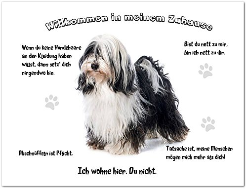 Merchandise for Fans Blechschild/Warnschild/Türschild - Aluminium - 30x40cm - - Willkommen in Meinem Zuhause - Motiv: Tibet Terrier weiß/schwarz- 01
