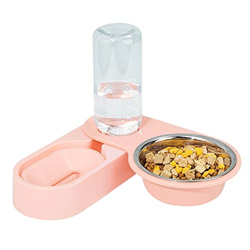 XIGAWAY 2-in-1 Automatischer Wasserspender-Set, abnehmbar, Edelstahl, auslaufsicher, für Welpen, Kätzchen, Rosa