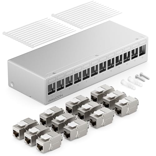 deleyCON 12 Port Patchpanel Set Patchfeld Verteilerfeld 1HE + 12x RJ45 Keystone Jack Modul STP CAT6a Kompatibel mit Verlegekabel CAT5 CAT6 CAT6a CAT7 Netzwerkkabel Ethernet LAN DSL - Grau