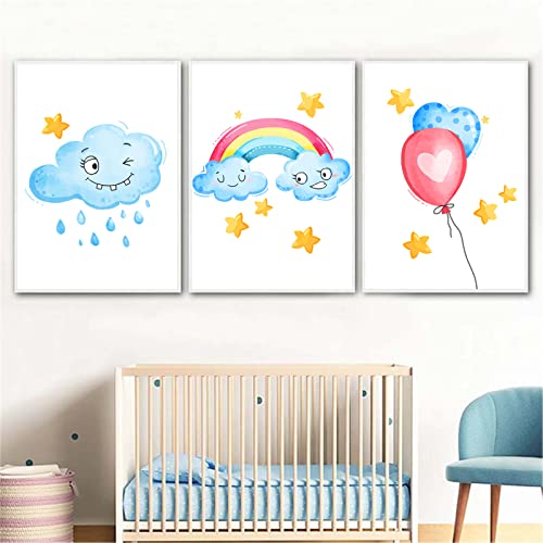 GLITZFAS Bilder Ohne Rahmen Kinderzimmer Deko Mädchen Junge - 3er Set Poster Set Babyzimmer Wandbilder Schlafzimmer - Regenbogen, Wolke, Ballon (40x60cm)