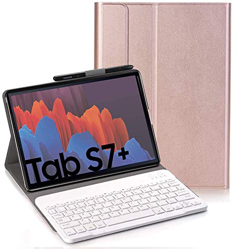 RLTech Tastatur Hülle for Samsung Galaxy Tab S7+,(QWERTY Layout) Ultradünn Flip Entfernbar Drahtloser Keyboardständer Ledertasche für Samsung Galaxy Tab S7+ 12.4" T970/975/976 2020, Roségold