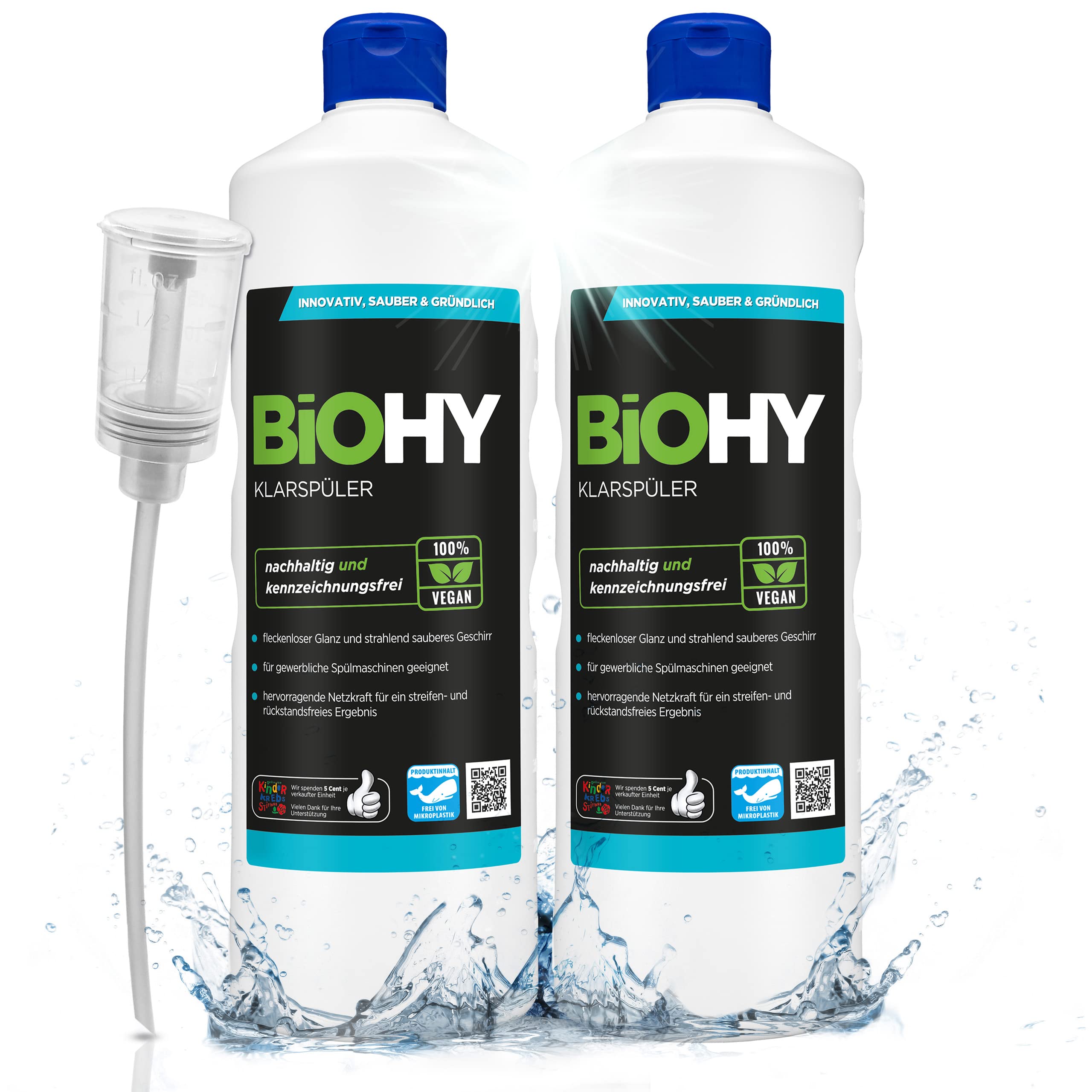 BiOHY Klarspüler (2 x 1 liter) + Dosierer | Bio Geschirrspülmittel | ideal für alle Spülmaschinen | EXTRA STARKER Fettlöser für Gastronomie & Haushalt | frischer Glanz auf Glas & Geschirr