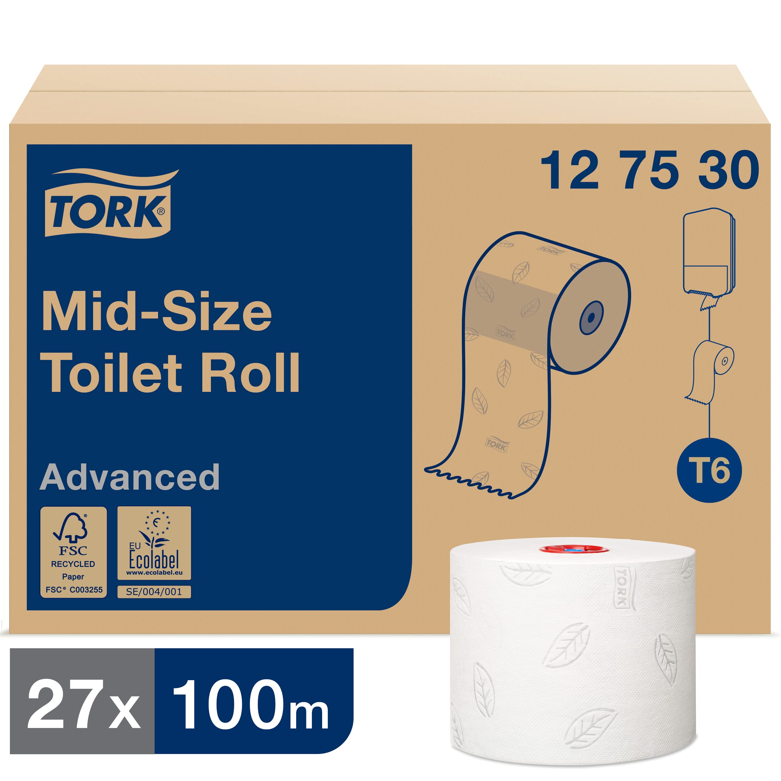Tork 127530 weiches Midi Toilettenpapier in Advanced Qualität für Tork T6 Toilettenpapier Doppelrollenspender / 2-lagiges WC-Papier weich und reißfest, 27er Pack (27 x 100 Meter)