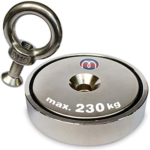 Berge-Magnet Neodym Suchmagnet mit Öse - Neodym (NdFeB) - Durchmesser: Ø32-90mm - Haftkraft bis 230kg - Starke Magnete Bergungsmagnete - Perfekt zum Magnetfischen Magnetangeln, Größe:Ø90mm | >=230kg