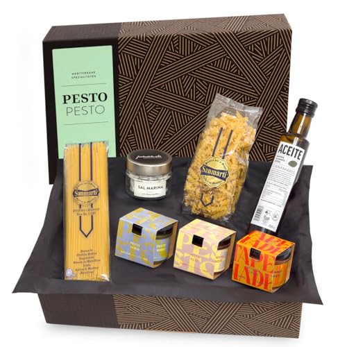 PESTO PESTO - Schlemmerbox mit Spaghetti und Fusilli-Pasta, Pesto, Tapenade, nativem Olivenöl Extra und mediterranem Meersalz