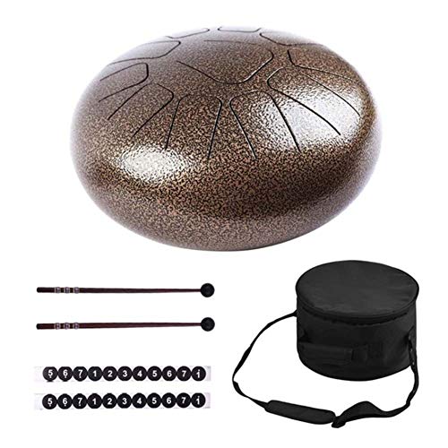 LHMYGHFDP 10 Zoll Stahl Zunge Trommel Handpan Trommel Hand Trommel 11 Töne Schlaginstrument mit Drumsticks Bag Note Sticks,Braun