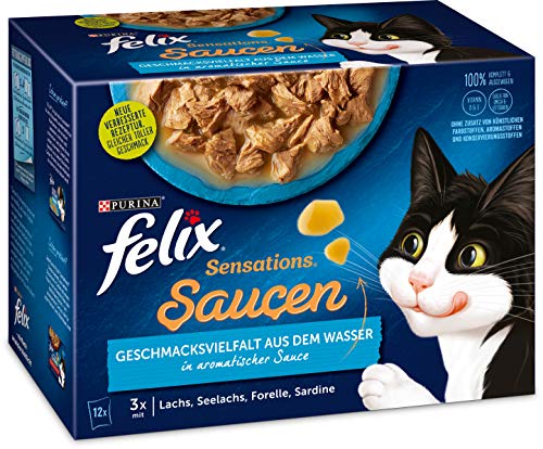 FELIX Katzennassfutter Sensations Saucen Geschmacksvielfalt aus dem Wasser, 6er Pack (6 x 12 x 85g)