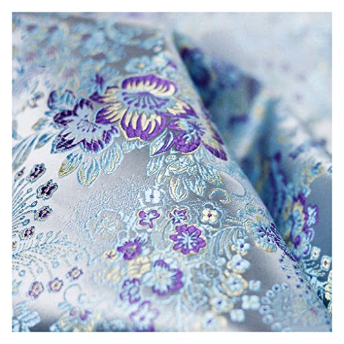 JIXITA Seidenstoff Blau Brokatstoff Satinstoff 75cm Breite Blumen Bestickter Kleiderstoff zum Nähen, Kostüm, Taschen, Dekorationen, Kissen, Tischdecke(Size:2m,Color:hellblau)