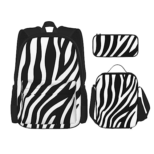 Rucksack mit Zebramuster, 3-teilig, Schulranzen mit Brotdose und Federmäppchen, geeignet für Jungen und Mädchen, Schwarz , Einheitsgröße, Kinderrucksack
