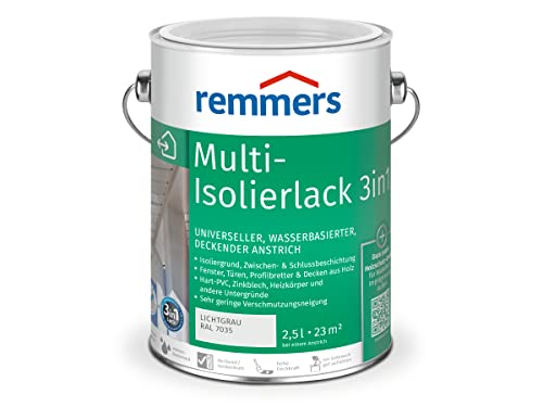 Remmers Multi Isolierlack 3in1 lichtgrau (RAL 7035), 2,5 Liter, wasserbasierte Lackfarbe für Holz, Zink, Aluminium, PVC, für innen und außen, 3 Produkte in einem