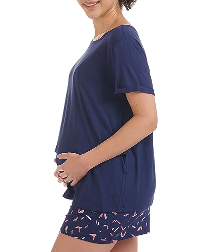 Herzmutter Stillpyjama Kurz - Umstandspyjama mit Muster - Still Schlafanzug Sommer - Pyjama-Set für Schwangere - Wochenbett - Schwangerschaft-Stillzeit-Stillfunktion - 2650 (XXL, Blau/Federn)