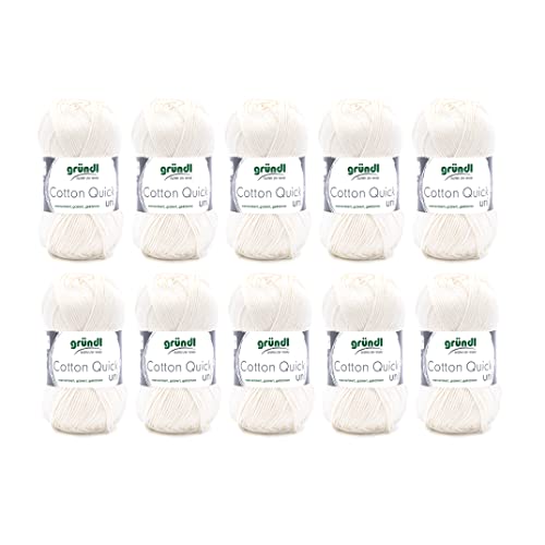 Gründl Cotton Quick Uni Strickgarn/Häkelgarn, 10 Knäuel à 50 g (farbenfrohes Garn aus 100% Baumwolle, OEKO-TEX zertifiziert, 50 g / 125 m, Nadelstärke: 3 - 4, 10 x 50 g), Wollweiß