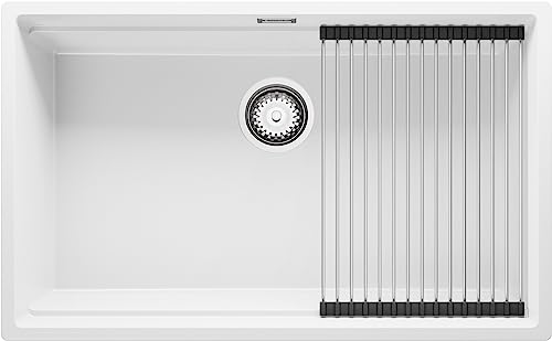 Spülbecken Weiß 76x47 cm, Granitspüle + aufrollbare Abtropffläche + Ablauf-Set, Küchenspüle für 80er Unterschrank, Unterbauspüle von Primagran