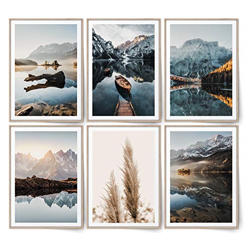 BLCKART Infinity Dreamy Mountains Bilder Set Stilvolle Beidseitige Natur Poster Berge Skandinavische Schlafzimmer Deko (L | 6x A3 | 29,7 x 42 cm | ohne Rahmen, DREAMY MOUNTAINS | PAMPAS)