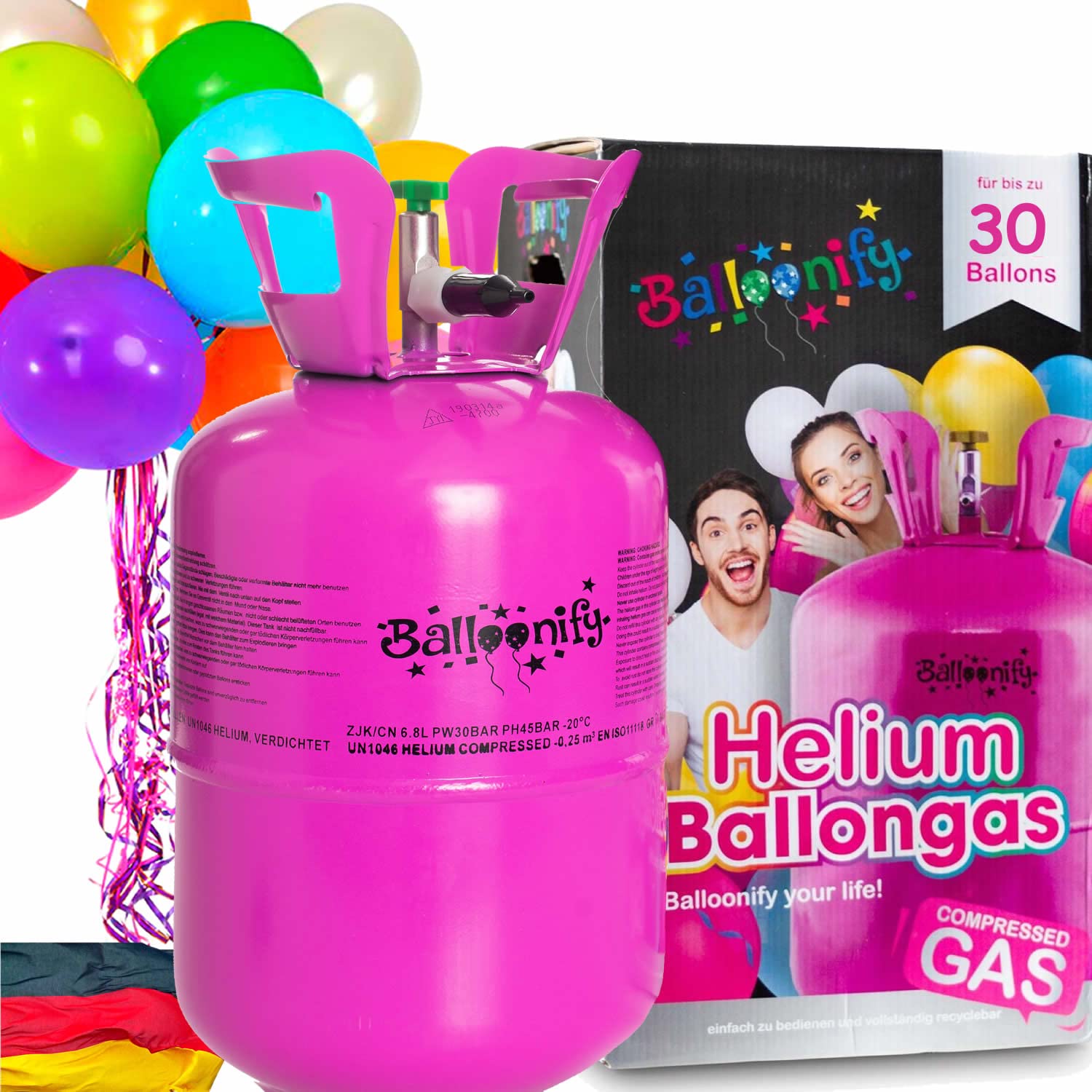 BALLONGAS FÜR 30 LUFTBALLONS + 25 BALLONS + FÜLLVENTIL | Helium Einweg Flasche Luftballon Folienballon Deko Geburtstag Party Hochzeit