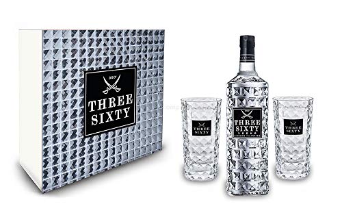 Three Sixty Set Geschenkset Geschenk Box ? Three Sixty Vodka Wodka 0,7L 700ml (37,5% Vol) + 2x GläserLongdrinkgläser Glas 300ml aus rein weißem Brillanz-Glas Bar Cocktail - [Enthält Sulfite]