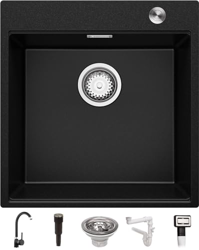 Spülbecken Schwarz 49x50 cm, Granitspüle + Ablauf-Set (Pop-Up) + Küchenarmatur 5000, Küchenspüle für 50er Unterschrank, Einbauspüle von Primagran