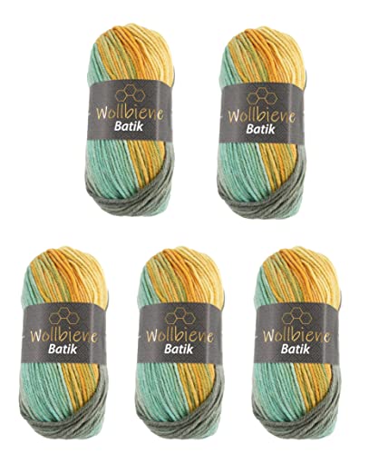 5 x 100g Wollbiene Batik 500 Gramm Wolle mit Farbverlauf mehrfarbig Multicolor Strickwolle Häkelwolle (5060 grau grün orange)