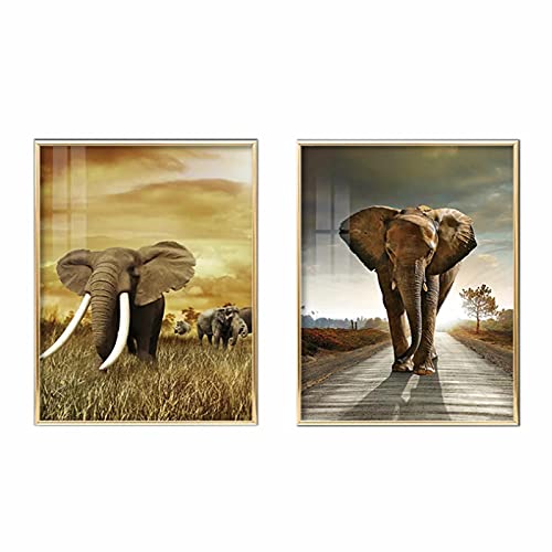 DAYINHUA Sonnenuntergang Elefanten Malen Tierlandschaft Malen Wandkunst Poster Moderne Wohnkultur Bild Wohnzimmer Dekor (30x40cm × 2pcs) Rahmenlos