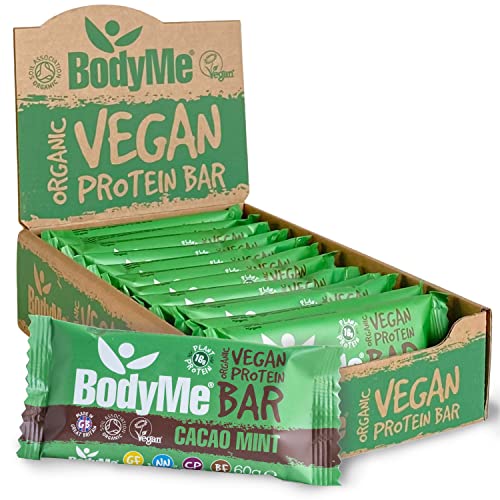 BodyMe Organic Vegan Protein Bar | Raw Cocoa Mint | 12 x 60 g Vegan Protein Bars | Gluten Free | 16 g Complete Vegan Protein per Snack | 3 Proteins | All Essential Amino Acids | Fitness Bar