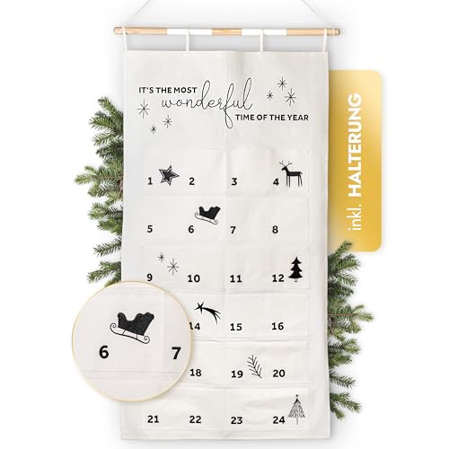 Amari ® Adventskalender zum Befüllen Black & White - XXL Wandkalender (70 x 130 cm) mit 24 Fächern zum Basteln für Weihnachten - Adventskalender zum Aufhängen Stoff - Weihnachtskalender