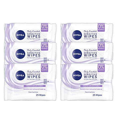 NIVEA Sensitive Cleansing Wipes, Pack of 6 (6 x 25 wipes), Sensitive Skin Make-Up Wipes with Vitamin E, Cleansing Face Wipes