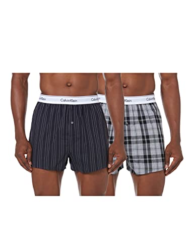 Calvin Klein Underwear Herren 2p Slim Fit Boxer Boxershorts, Schwarz (Ryan Stripe D Well/Hickory Plaid B JKZ), Medium (2erPack)