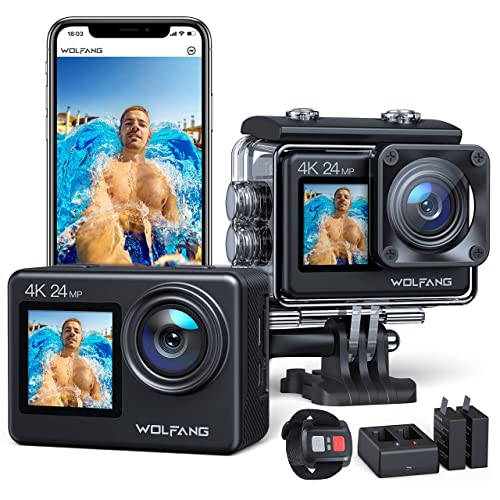 Dual-Screen Action Cam 4K, WOLFANG 24MP Touchscreen WiFi Unterwasserkamera, 170° Weitwinkel 40M wasserdichte Helmkamera mit EIS (2.4G Fernbedienung, 4 x 1050mAh Akkus, Ladegerät und Zubehör Kit)