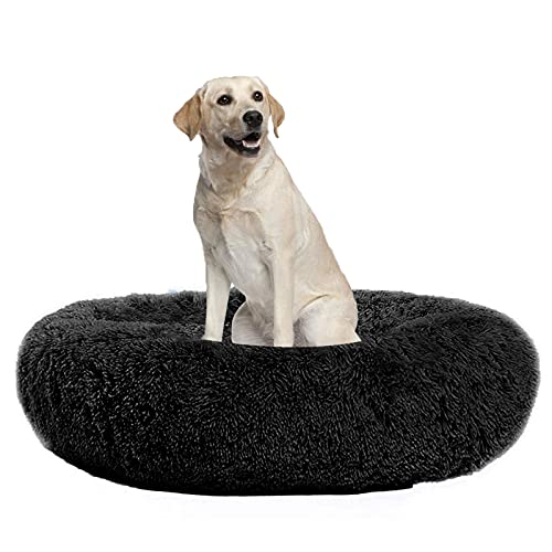 Waigg Kii Hundebett aus Plüsch, Donut-Größe, rund, flauschiges Kissen, XL, weiches Haustierbett für große/mittel/kleine Hunde und Katzen (100 cm, schwarz)