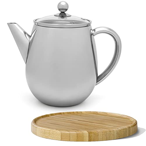 Bredemeijer doppelwandige Teekanne 1.1 Liter - silberne Edelstahl Kanne mit Glasdeckel Teesieb & brauner Holzuntersetzer - für längeren Teegenuss