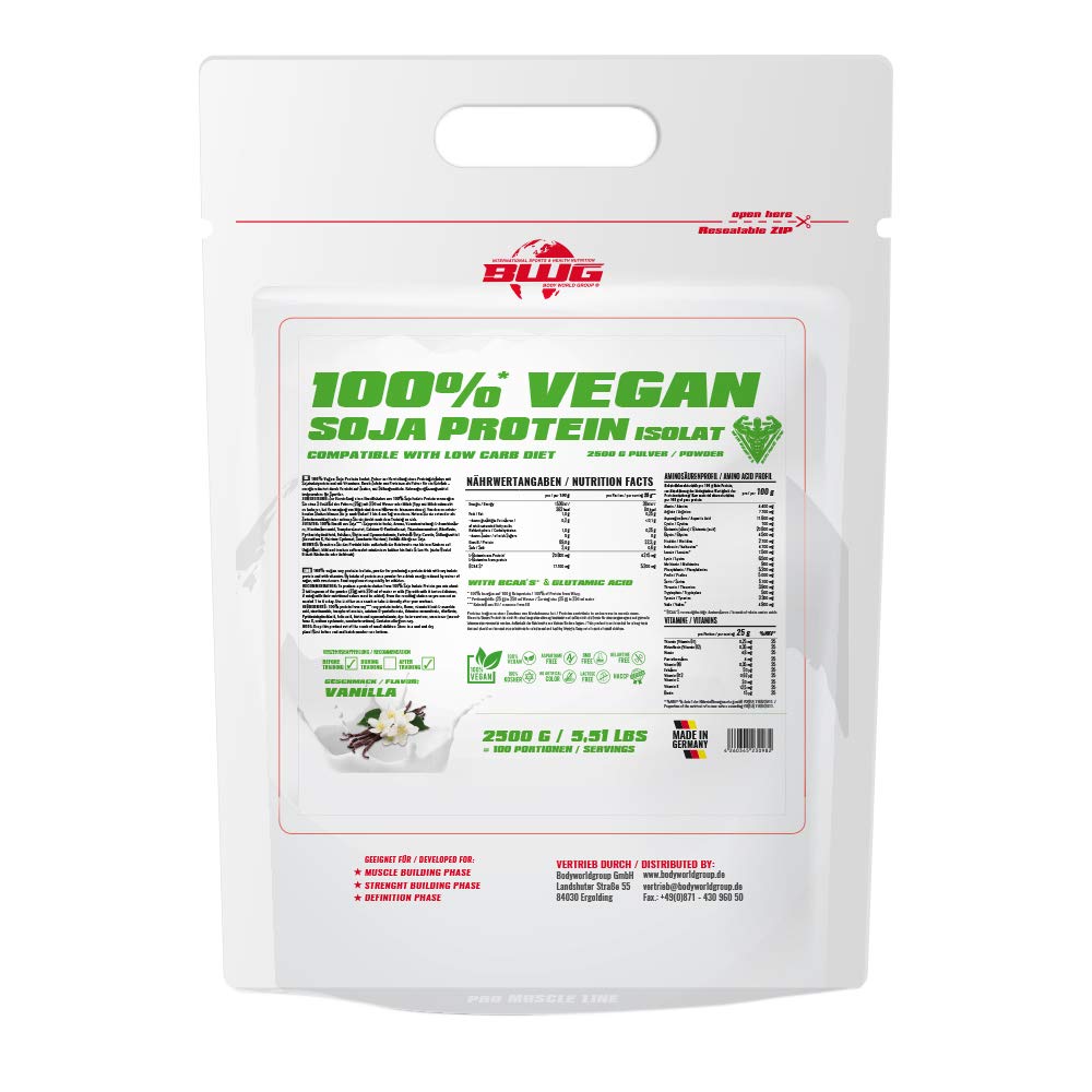 BWG Soja Isolat Protein Shake, 100% (Vegan und Laktosefrei) rein pflanzliches Eiweiss Pulver, Premium Sojaeiweiß, ohne Gentechnik, Vanilla, 1 x 2500 g